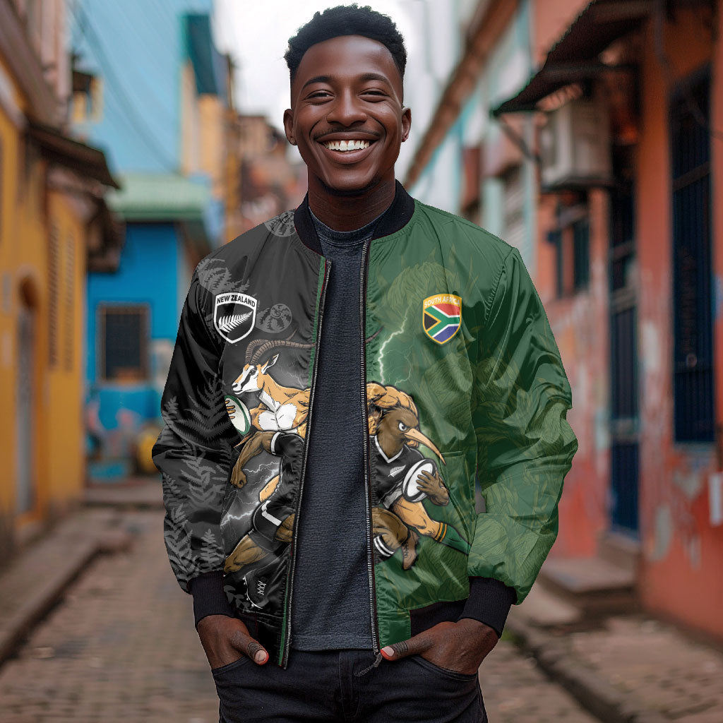 Custom South Africa And New Zealand Bomber Jacket Springboks And Kiwis Rugby Rivalry