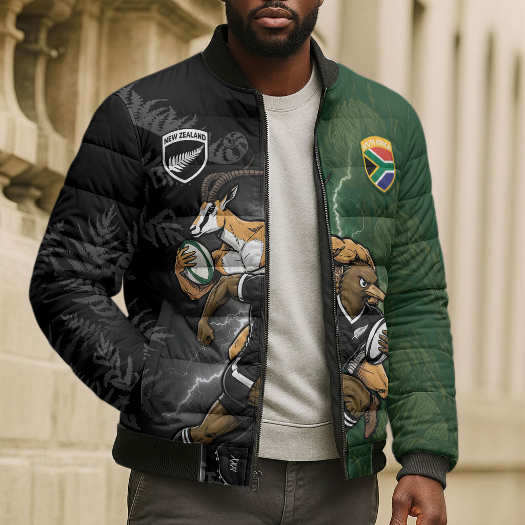 Custom South Africa And New Zealand Bomber Puffer Jacket Springboks And Kiwis Rugby Rivalry