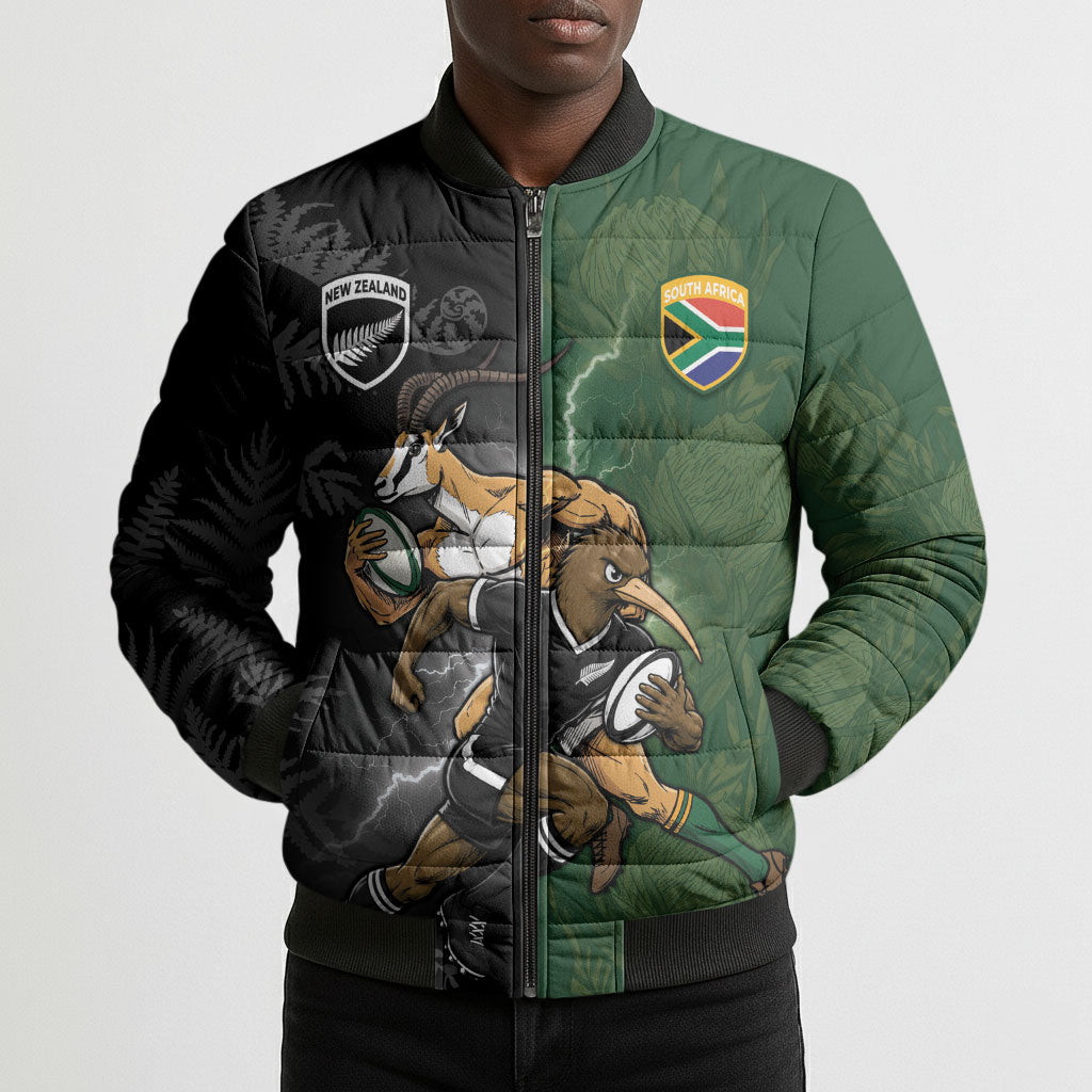 Custom South Africa And New Zealand Bomber Puffer Jacket Springboks And Kiwis Rugby Rivalry