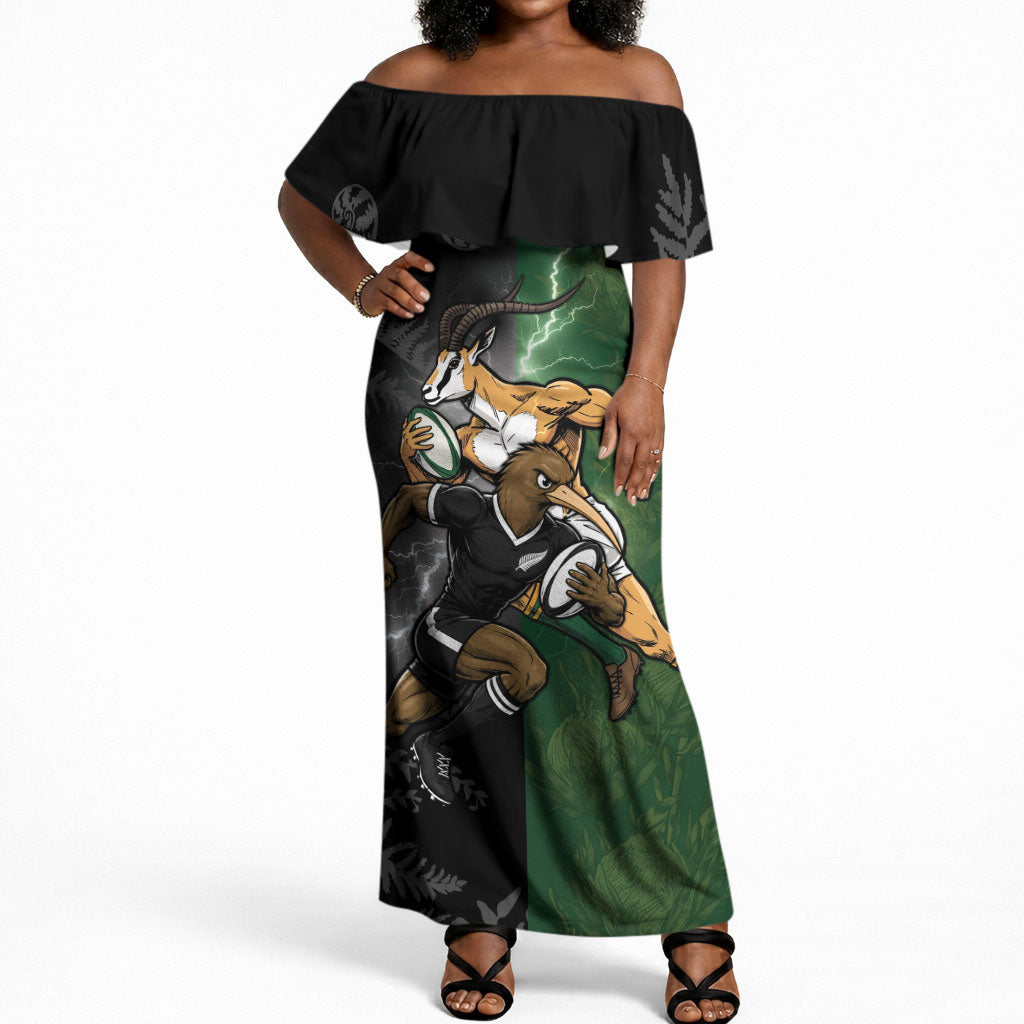 Custom South Africa And New Zealand Off Shoulder Maxi Dress Springboks And Kiwis Rugby Rivalry