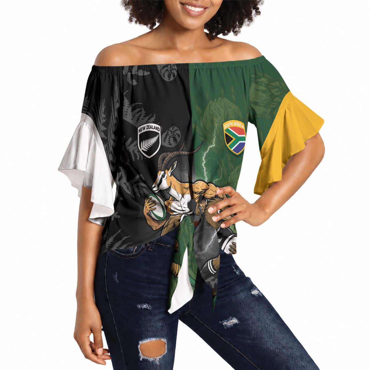 Custom South Africa And New Zealand Off Shoulder Wrap Waist Top Springboks And Kiwis Rugby Rivalry