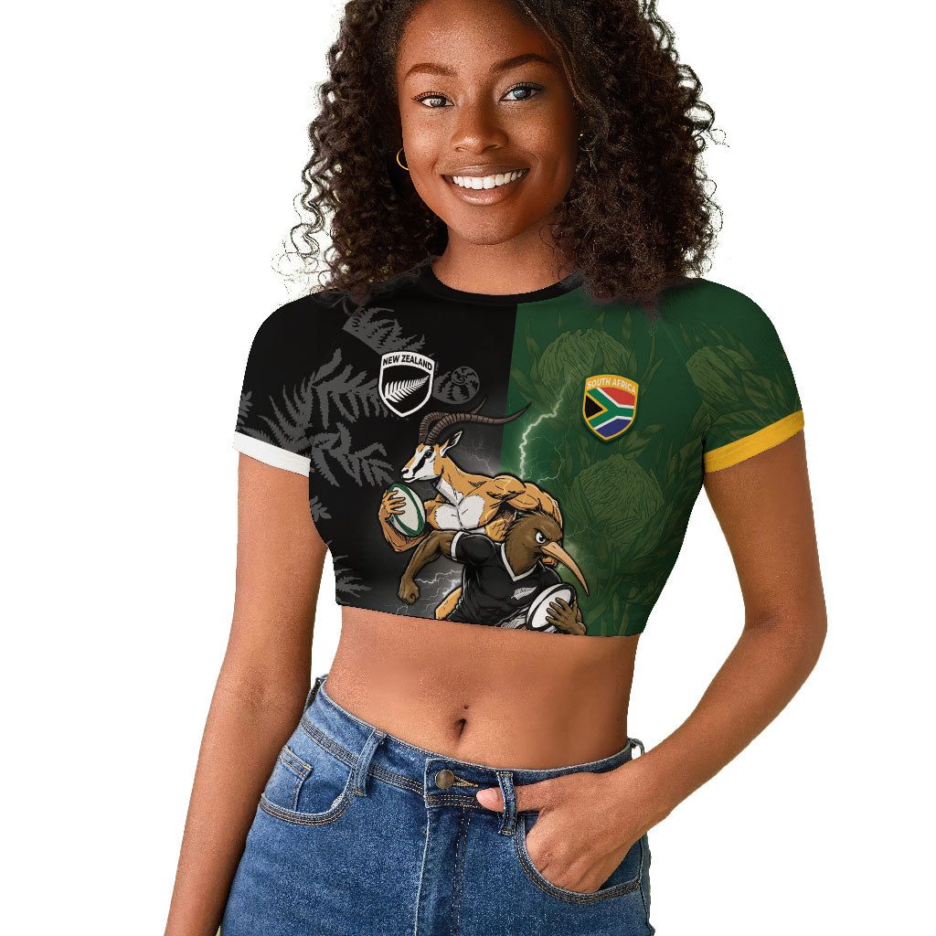 Custom South Africa And New Zealand Raglan Cropped T shirt Springboks And Kiwis Rugby Rivalry