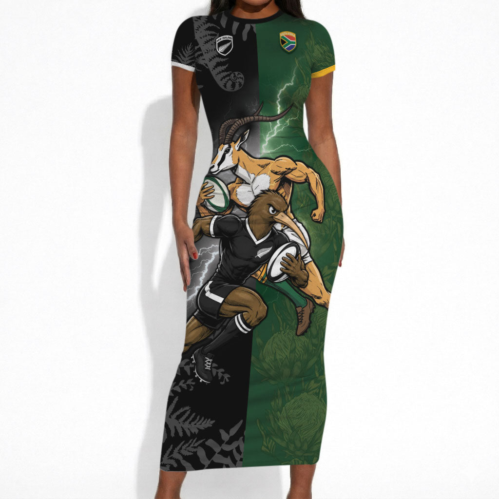 Custom South Africa And New Zealand Short Sleeve Bodycon Dress Springboks And Kiwis Rugby Rivalry
