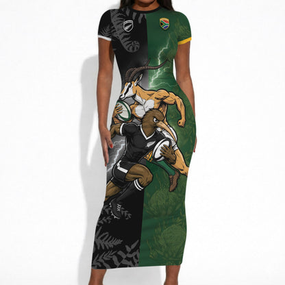 Custom South Africa And New Zealand Short Sleeve Bodycon Dress Springboks And Kiwis Rugby Rivalry