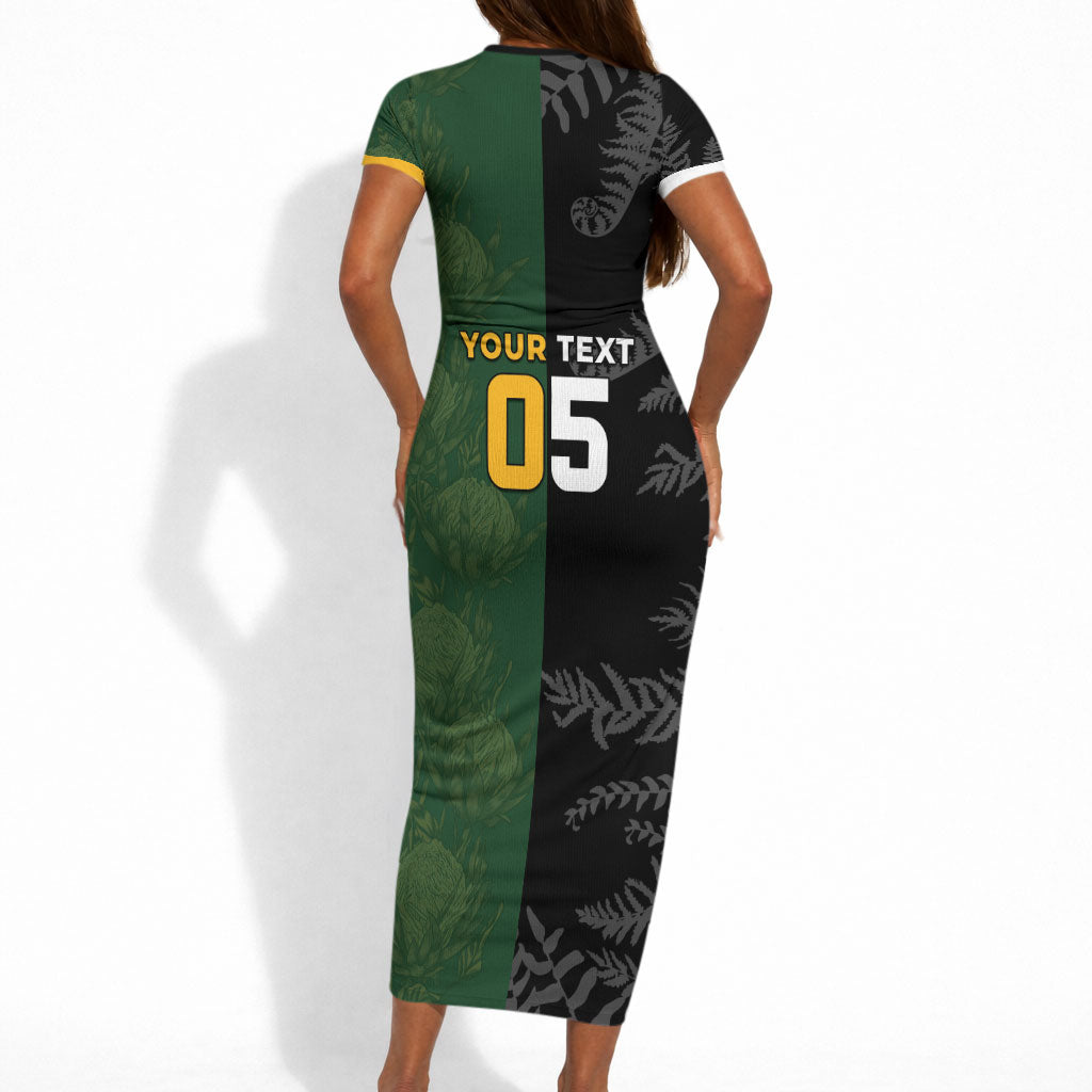 Custom South Africa And New Zealand Short Sleeve Bodycon Dress Springboks And Kiwis Rugby Rivalry