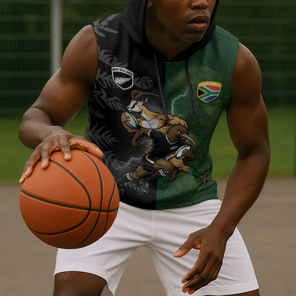 Custom South Africa And New Zealand Sleeveless Hoodie Springboks And Kiwis Rugby Rivalry