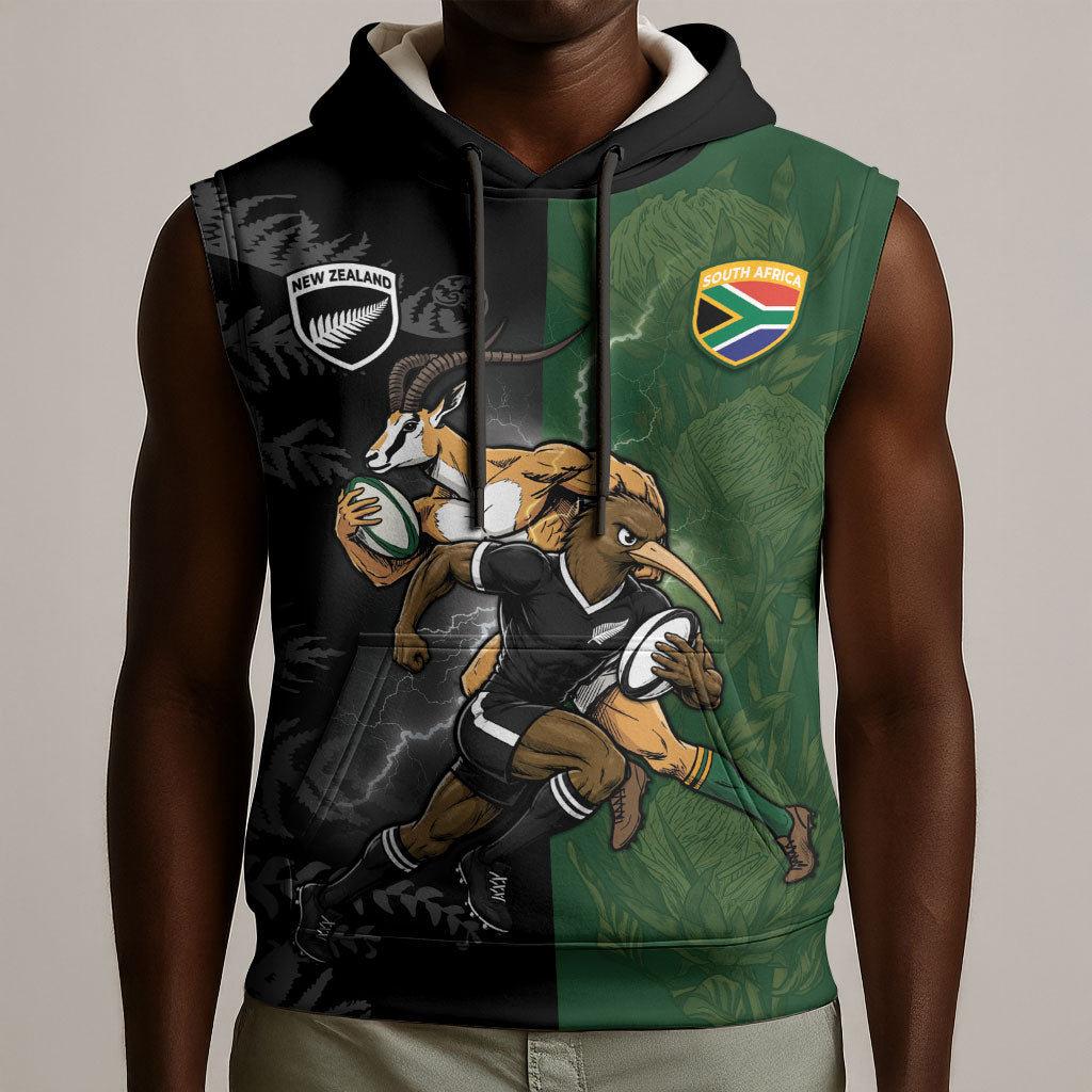 Custom South Africa And New Zealand Sleeveless Hoodie Springboks And Kiwis Rugby Rivalry
