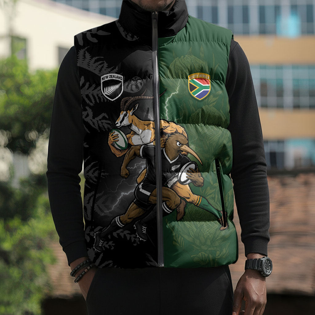 Custom South Africa And New Zealand Sleeveless Puffer Jacket Springboks And Kiwis Rugby Rivalry