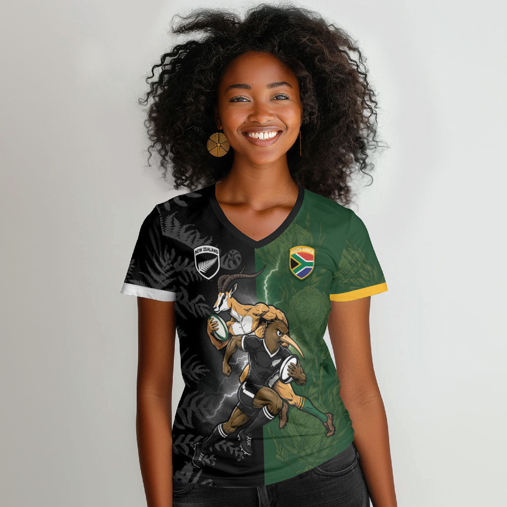 Custom South Africa And New Zealand Women V-Neck T-Shirt Springboks And Kiwis Rugby Rivalry