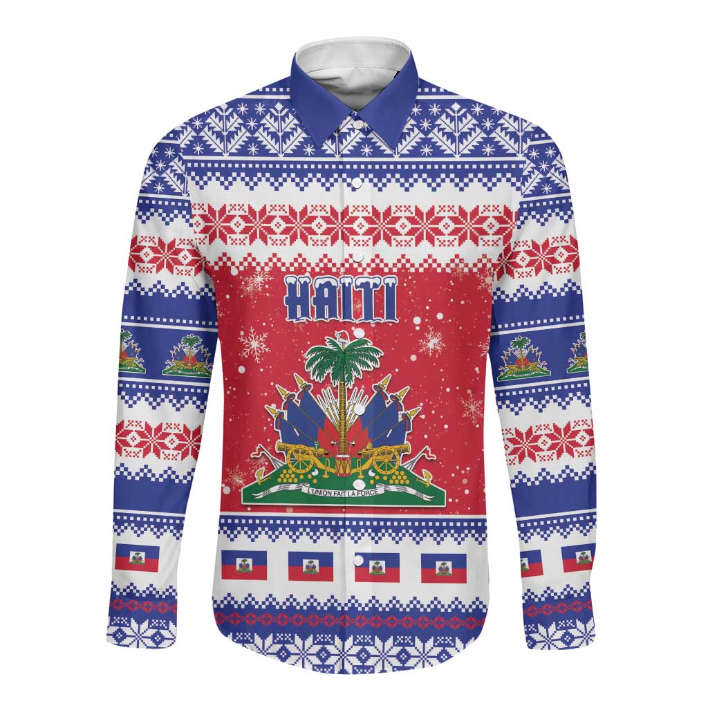 Afro Haiti Christmas Long Sleeve Button Shirt Coat Of Arms Jwaye Nwel - African Pride