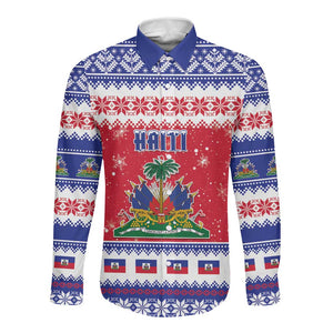 Afro Haiti Christmas Long Sleeve Button Shirt Coat Of Arms Jwaye Nwel - African Pride