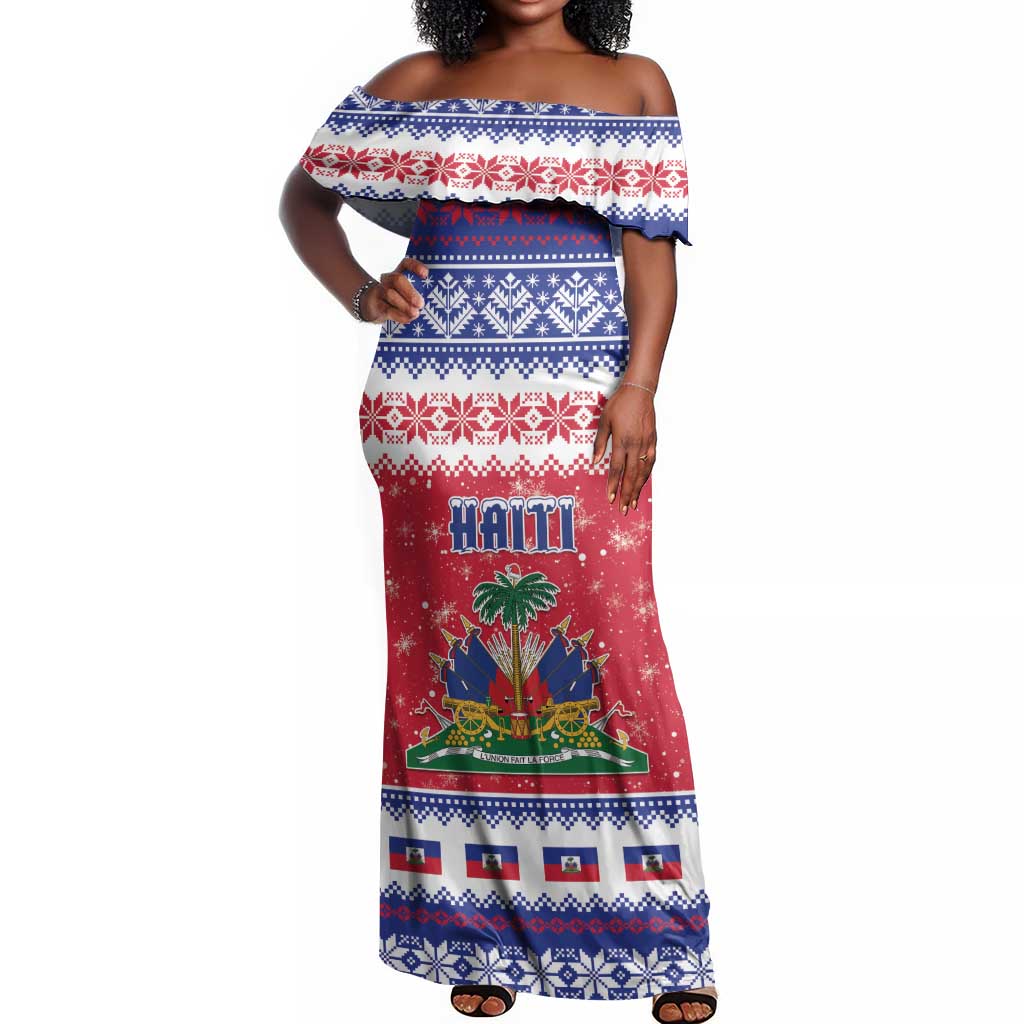 Afro Haiti Christmas Off Shoulder Maxi Dress Coat Of Arms Jwaye Nwel - African Pride