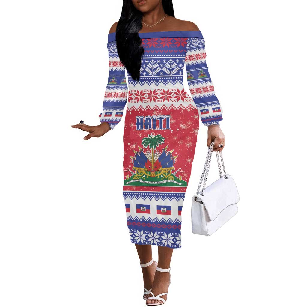 Afro Haiti Christmas Off The Shoulder Long Sleeve Dress Coat Of Arms Jwaye Nwel - African Pride
