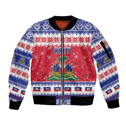 Afro Haiti Christmas Sleeve Zip Bomber Jacket Coat Of Arms Jwaye Nwel - African Pride
