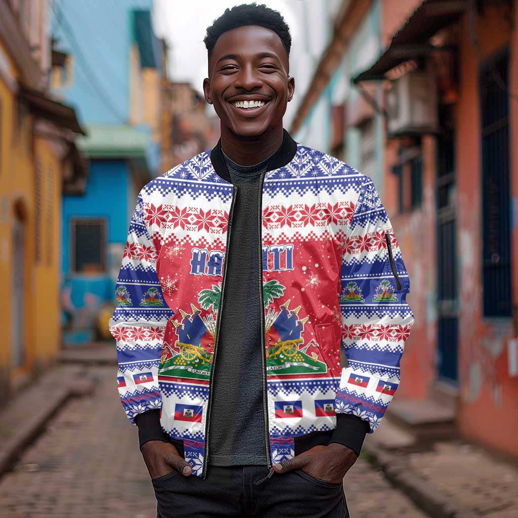 Afro Haiti Christmas Sleeve Zip Bomber Jacket Coat Of Arms Jwaye Nwel - African Pride