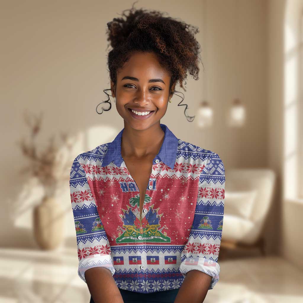 Afro Haiti Christmas Women Casual Shirt Coat Of Arms Jwaye Nwel - African Pride