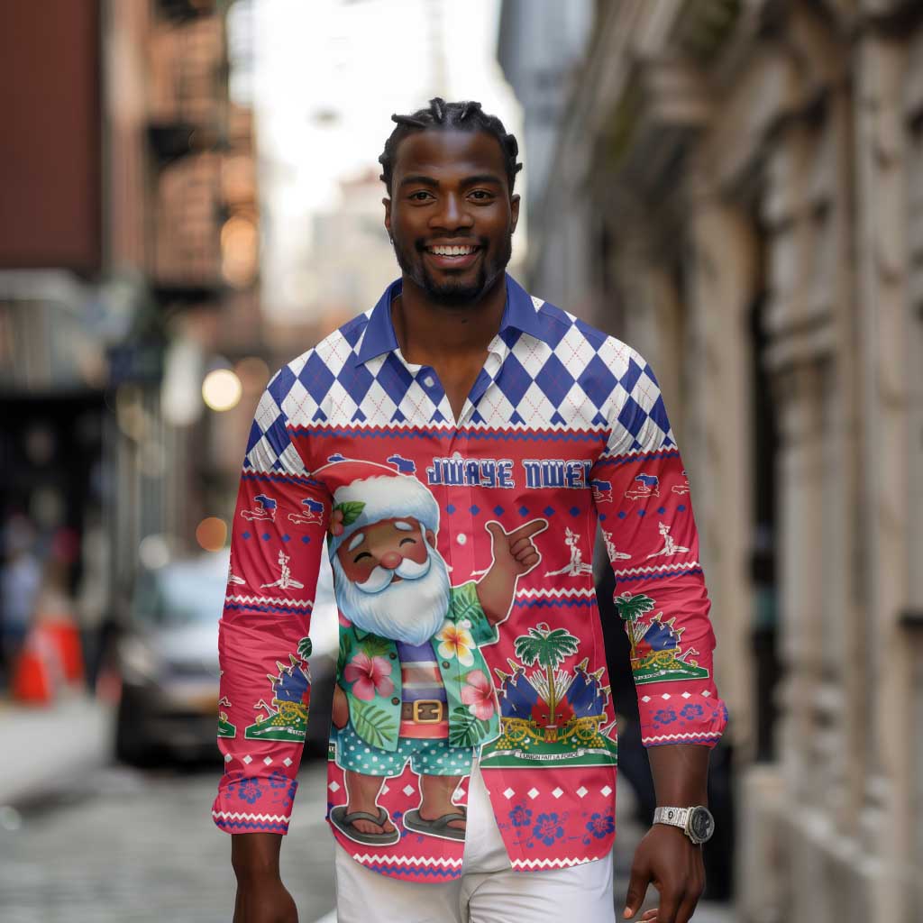 Afro Haiti Christmas Long Sleeve Button Shirt Haitian Santa Jwaye Nwel - African Pride