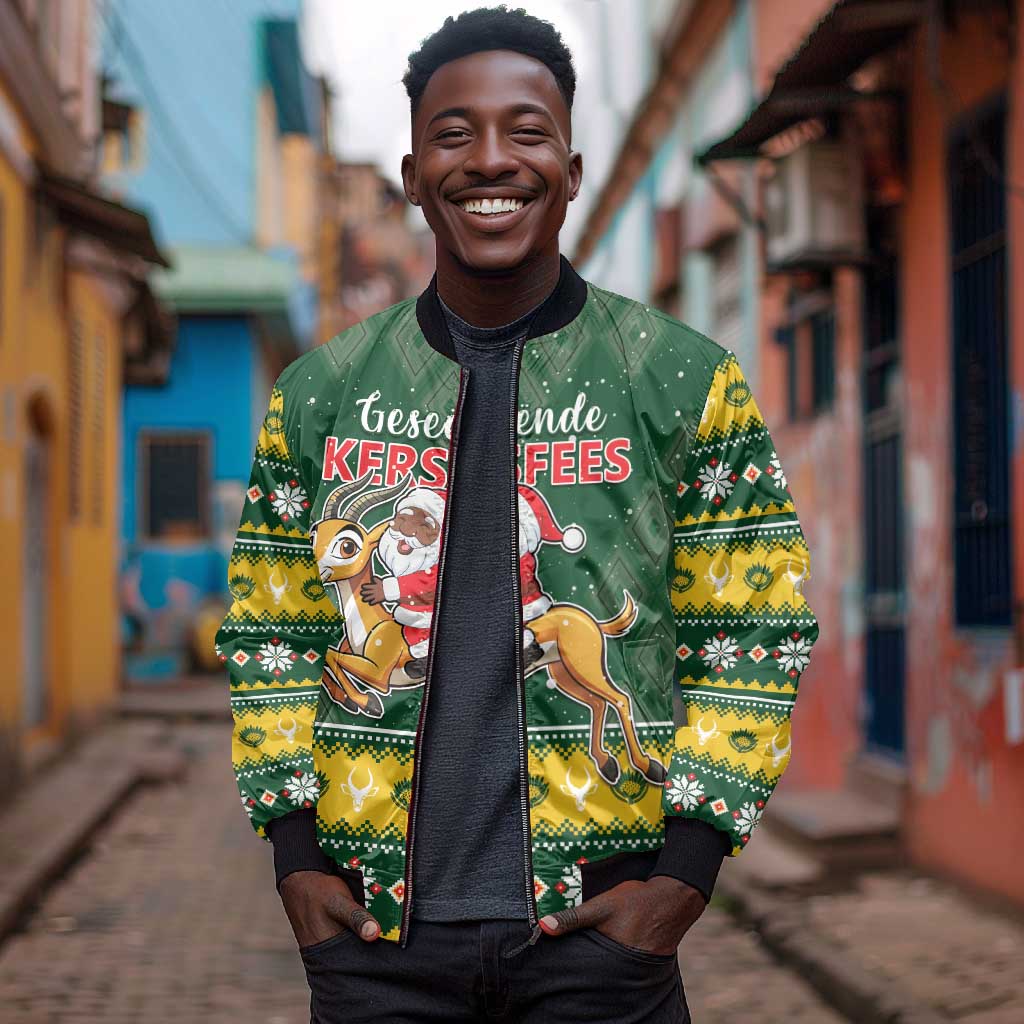 South Africa Christmas Bomber Jacket Funny Santa Riding Springbok