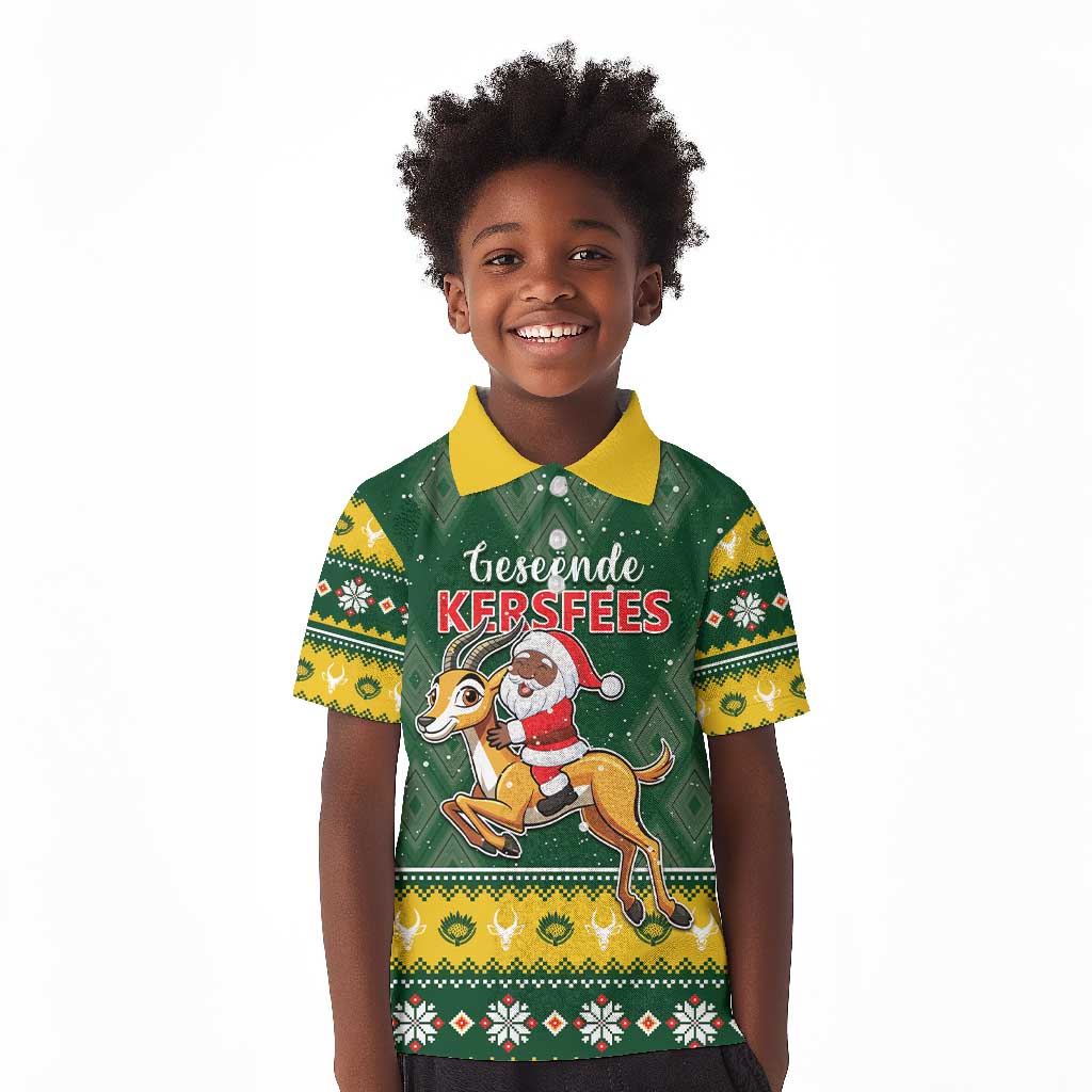 South Africa Christmas Kid Polo Shirt Funny Santa Riding Springbok LT05