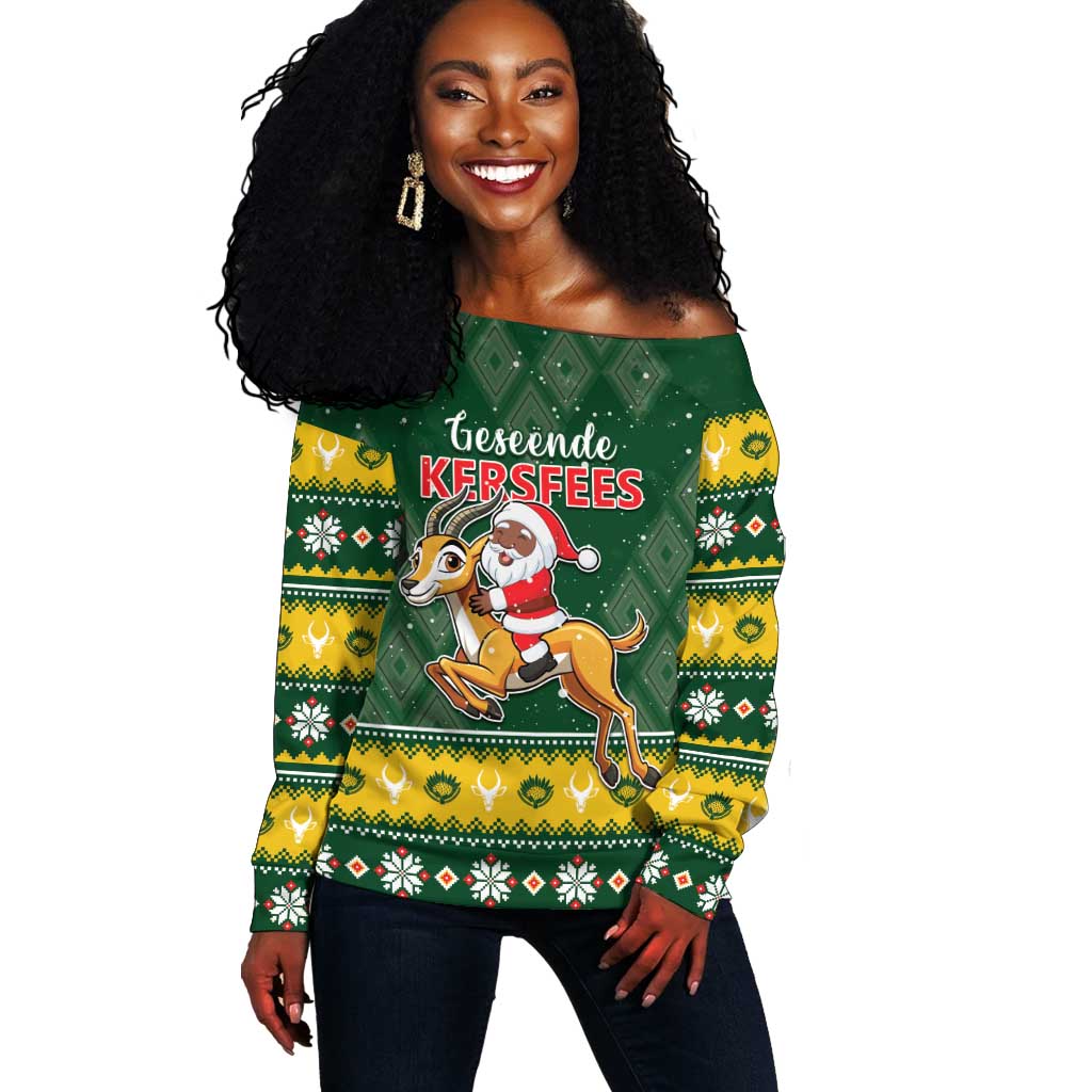 South Africa Christmas Off Shoulder Sweater Funny Santa Riding Springbok LT05