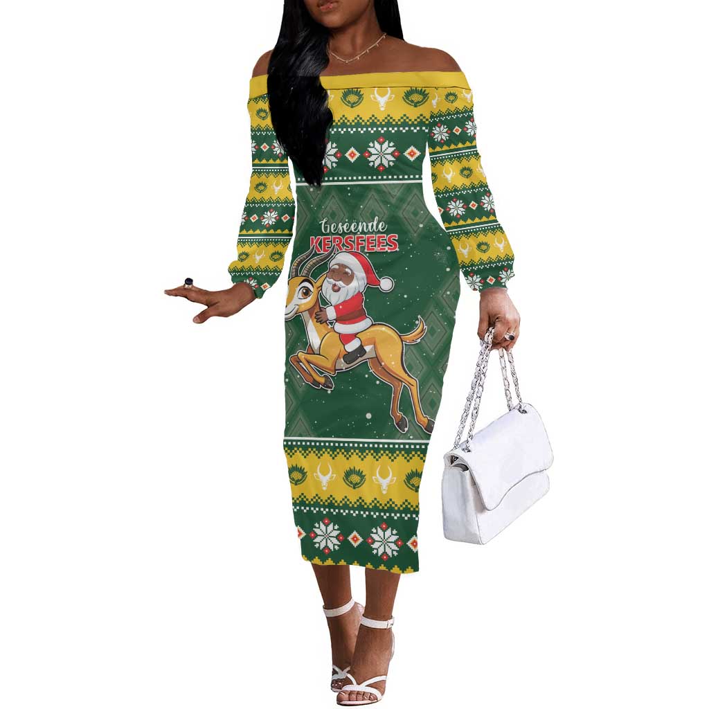 South Africa Christmas Off The Shoulder Long Sleeve Dress Funny Santa Riding Springbok LT05