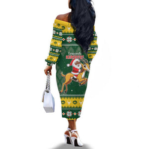 South Africa Christmas Off The Shoulder Long Sleeve Dress Funny Santa Riding Springbok LT05