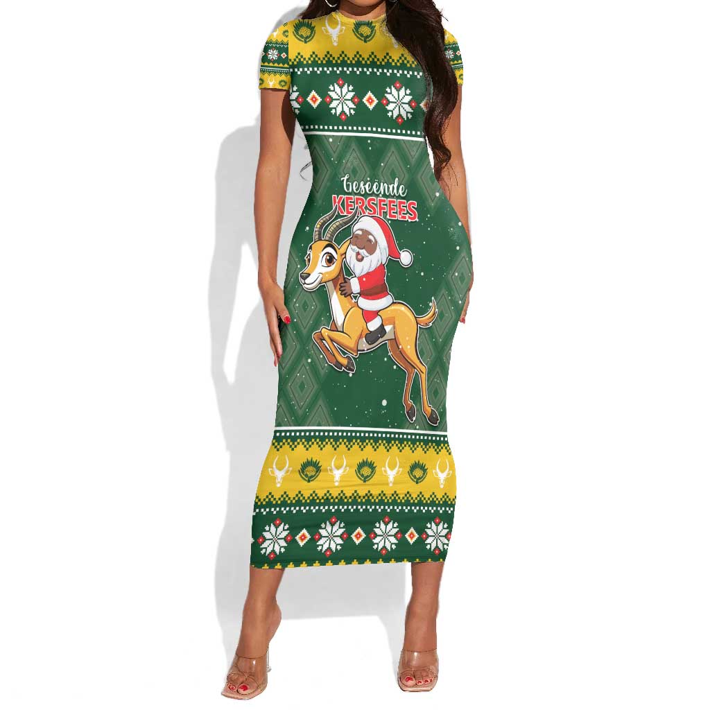 South Africa Christmas Short Sleeve Bodycon Dress Funny Santa Riding Springbok LT05