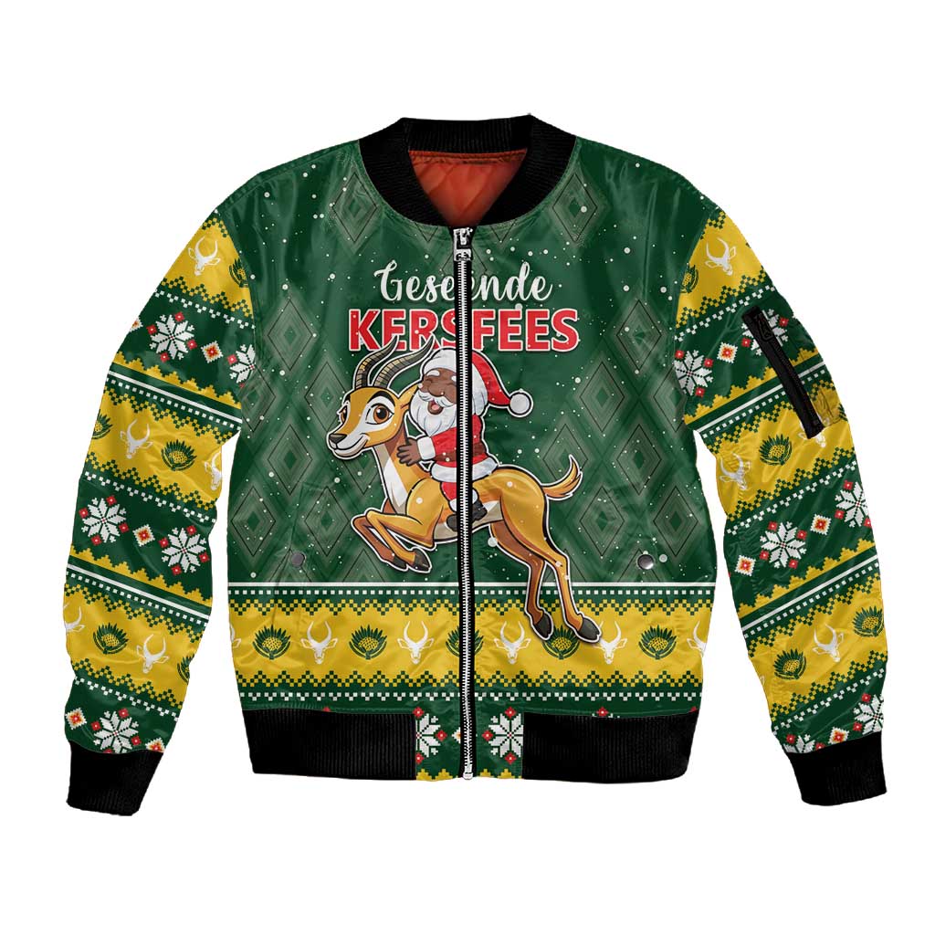 South Africa Christmas Sleeve Zip Bomber Jacket Funny Santa Riding Springbok LT05