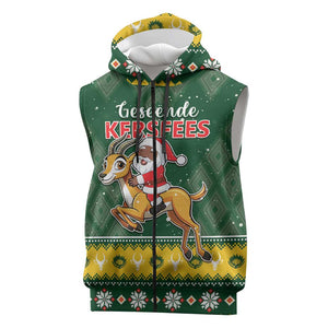 South Africa Christmas Sleeveless Zip Hoodie Funny Santa Riding Springbok - African Pride