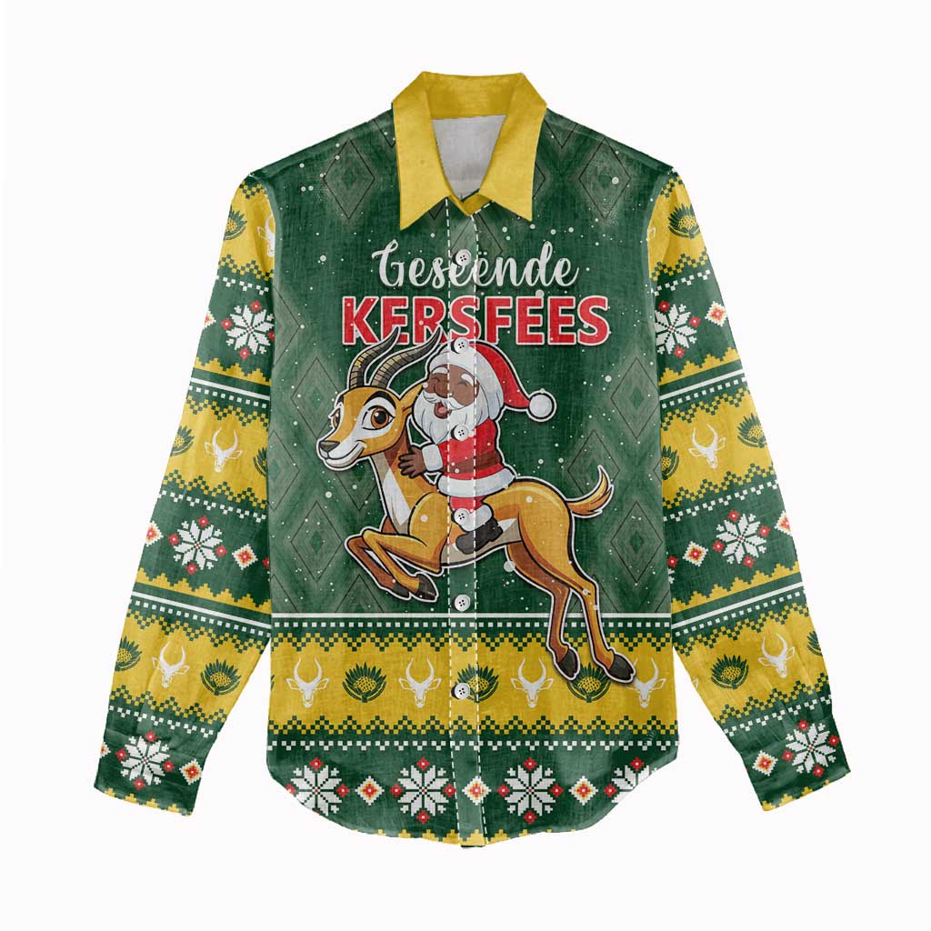 South Africa Christmas Women Casual Shirt Funny Santa Riding Springbok LT05
