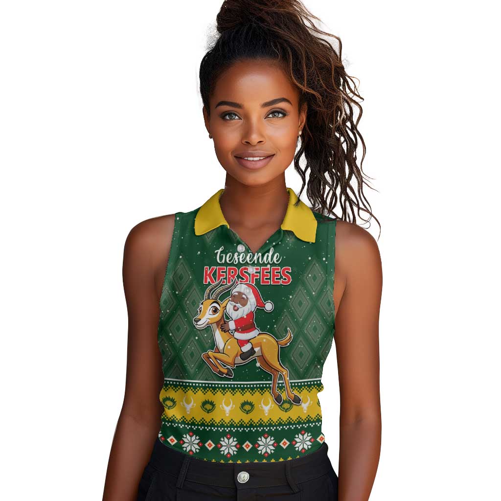 South Africa Christmas Women Sleeveless Polo Shirt Funny Santa Riding Springbok LT05