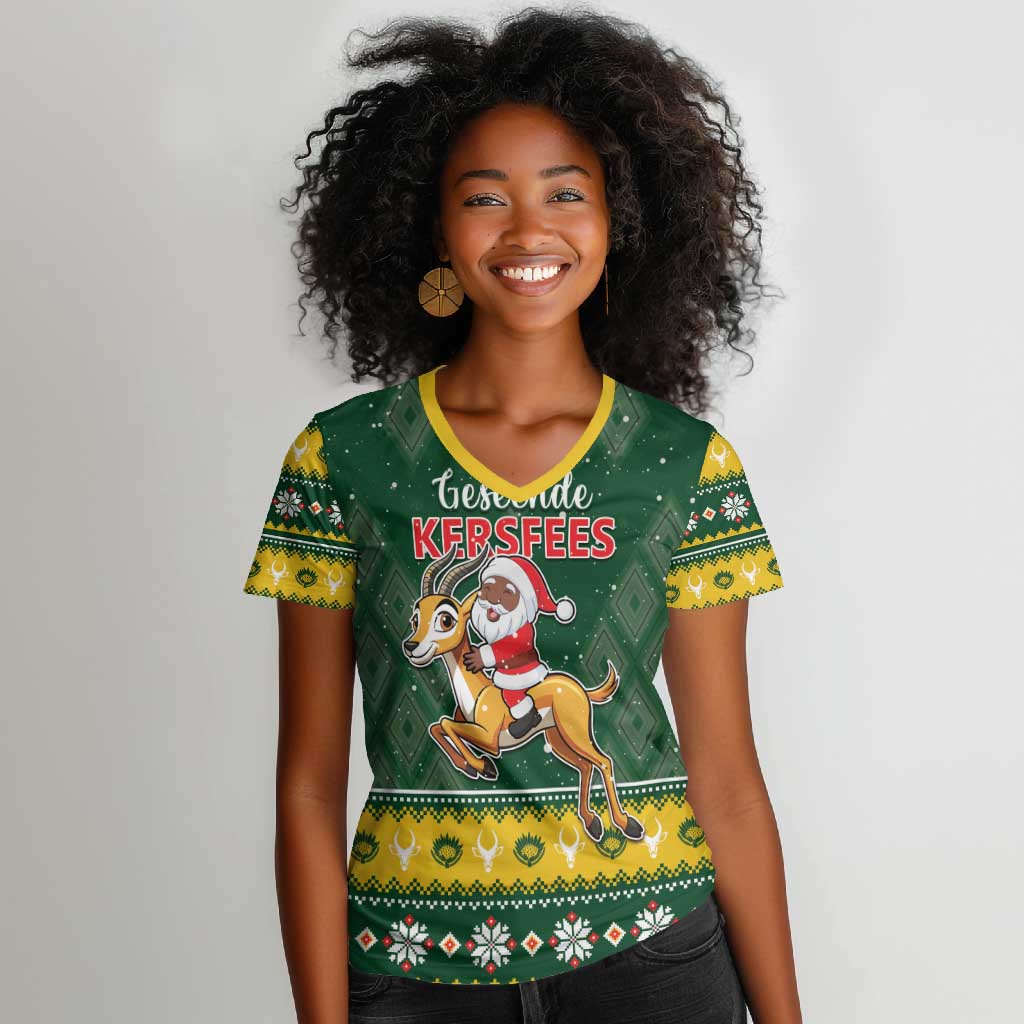 South Africa Christmas Women V-Neck T-Shirt Funny Santa Riding Springbok LT05