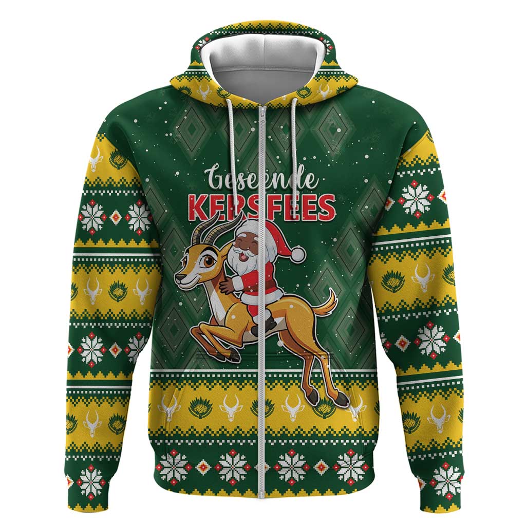 South Africa Christmas Zip Hoodie Funny Santa Riding Springbok LT05