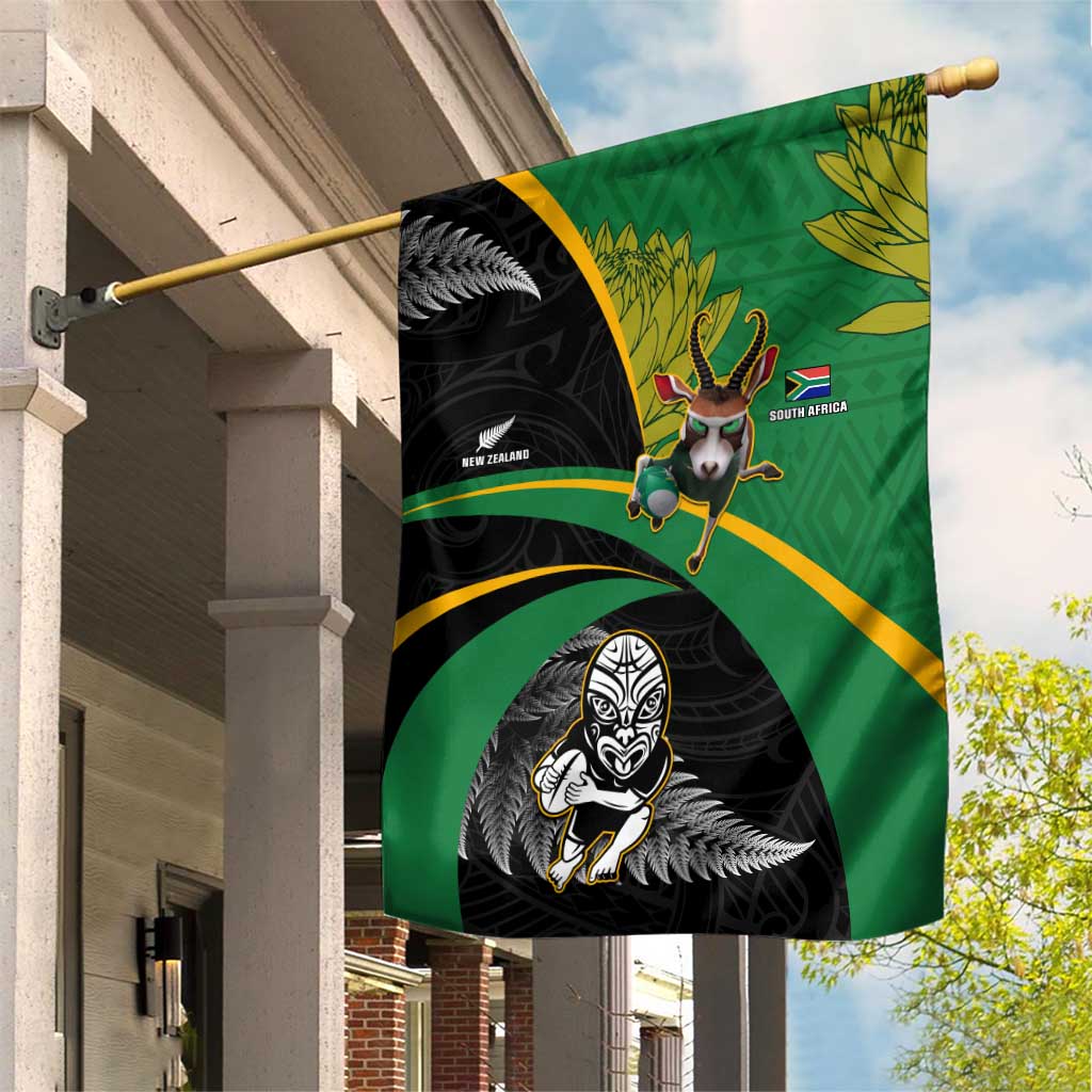 New Zealand And South Africa Rugby Garden Flag 2023 Springboks Combine All Black Silver Fern