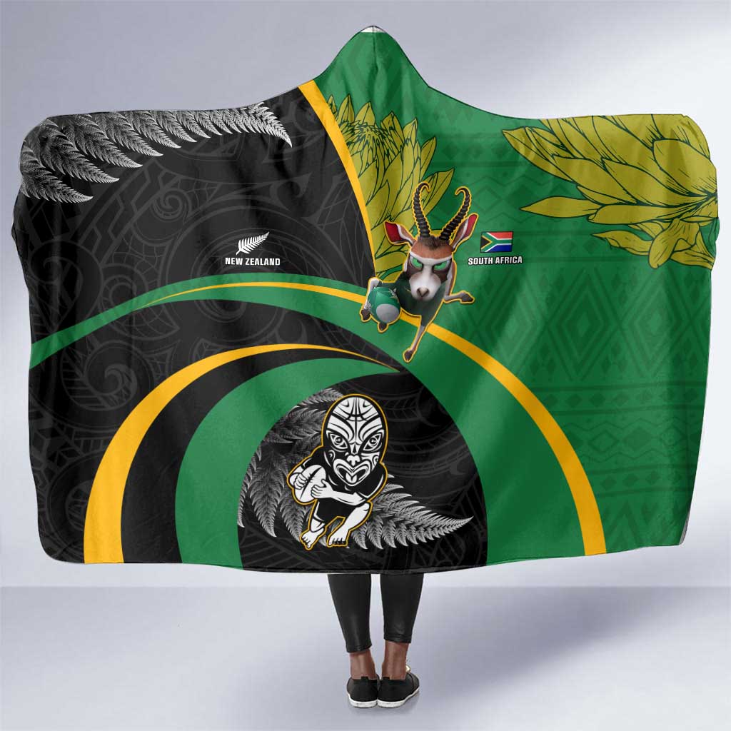 New Zealand And South Africa Rugby Hooded Blanket 2023 Springboks Combine All Black Silver Fern