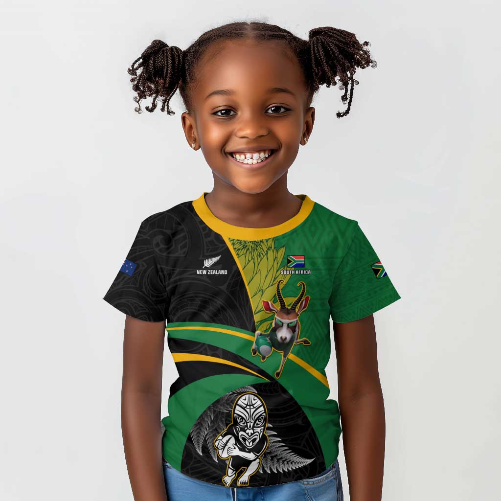 Custom New Zealand And South Africa Rugby Kid T shirt 2023 Springboks Combine All Black Silver Fern