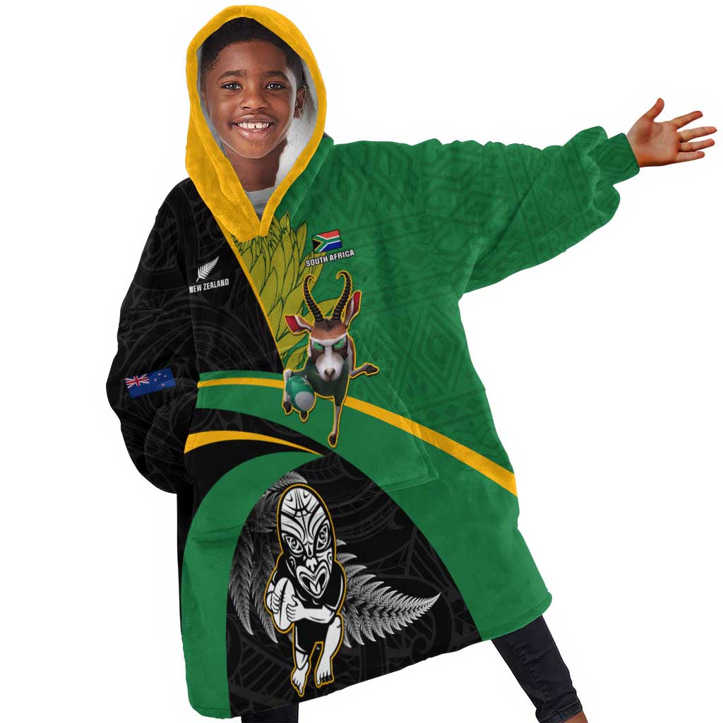 Custom New Zealand And South Africa Rugby KId Wearable Blanket Hoodie 2023 Springboks Combine All Black Silver Fern