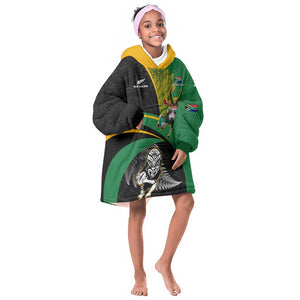 Custom New Zealand And South Africa Rugby KId Wearable Blanket Hoodie 2023 Springboks Combine All Black Silver Fern