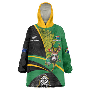 Custom New Zealand And South Africa Rugby KId Wearable Blanket Hoodie 2023 Springboks Combine All Black Silver Fern