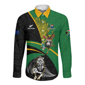 Custom New Zealand And South Africa Rugby Long Sleeve Button Shirt 2023 Springboks Combine All Black Silver Fern