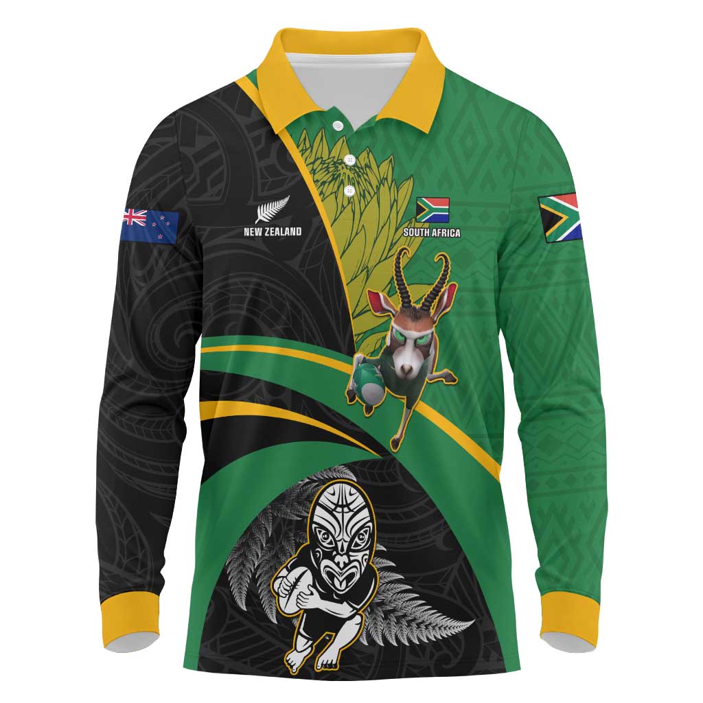 Custom New Zealand And South Africa Rugby Long Sleeve Polo Shirt 2023 Springboks Combine All Black Silver Fern