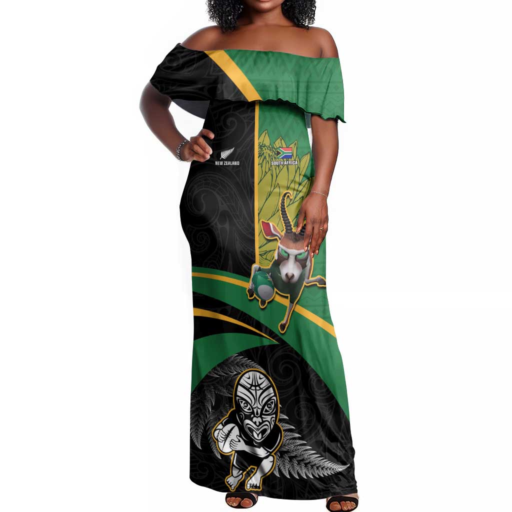 Custom New Zealand And South Africa Rugby Off Shoulder Maxi Dress 2023 Springboks Combine All Black Silver Fern