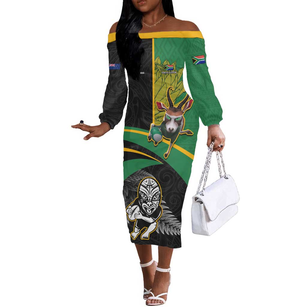 Custom New Zealand And South Africa Rugby Off The Shoulder Long Sleeve Dress 2023 Springboks Combine All Black Silver Fern