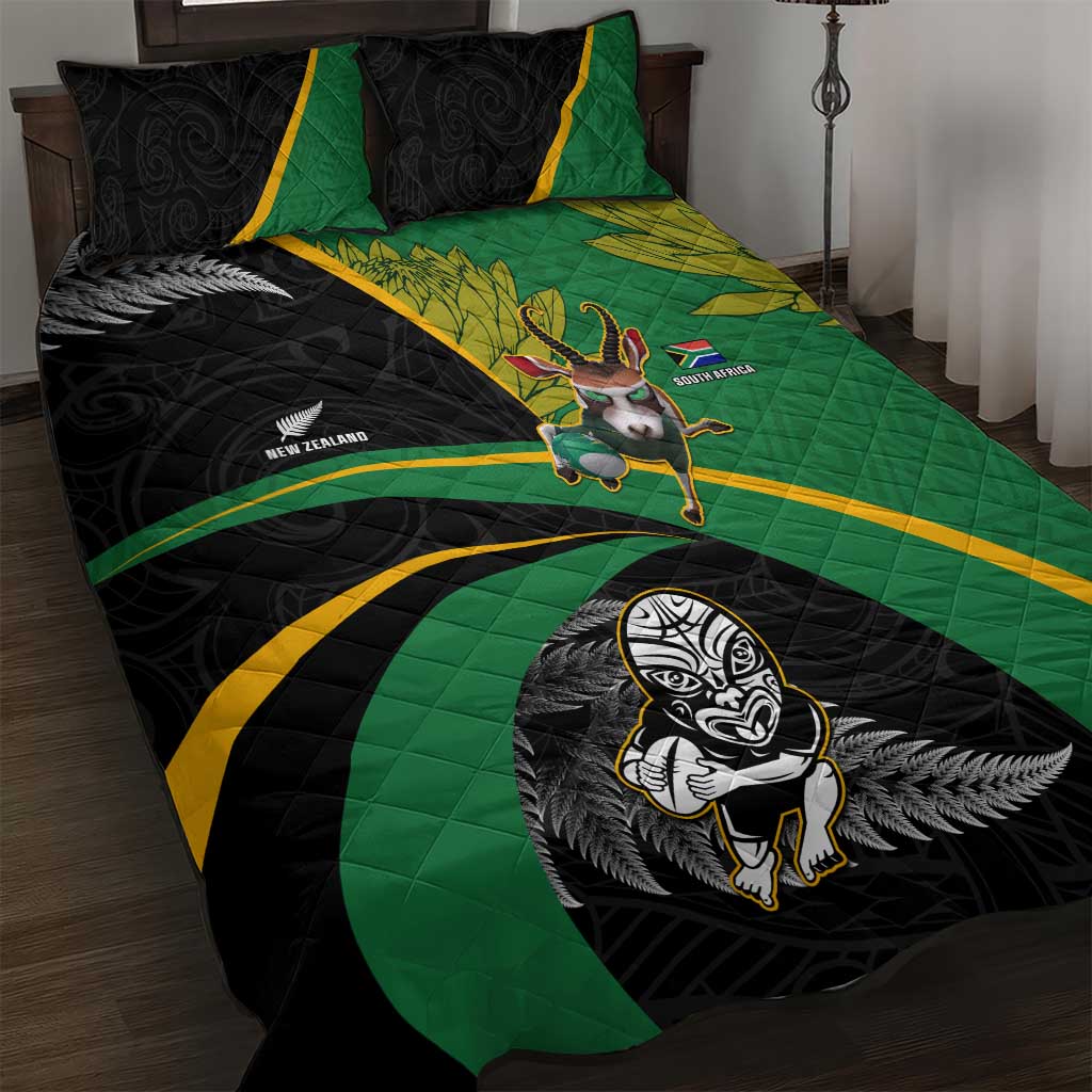 New Zealand And South Africa Rugby Quilt Bed Set 2023 Springboks Combine All Black Silver Fern