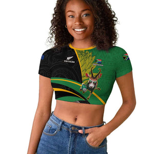 Custom New Zealand And South Africa Rugby Raglan Cropped T shirt 2023 Springboks Combine All Black Silver Fern