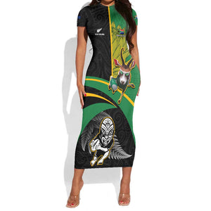 Custom New Zealand And South Africa Rugby Short Sleeve Bodycon Dress 2023 Springboks Combine All Black Silver Fern