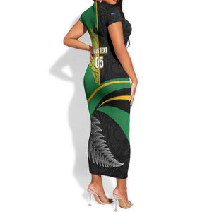 Custom New Zealand And South Africa Rugby Short Sleeve Bodycon Dress 2023 Springboks Combine All Black Silver Fern