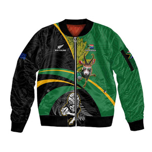 Custom New Zealand And South Africa Rugby Sleeve Zip Bomber Jacket 2023 Springboks Combine All Black Silver Fern