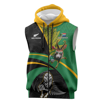 Custom New Zealand And South Africa Rugby Sleeveless Zip Hoodie 2023 Springboks Combine All Black Silver Fern - African Pride