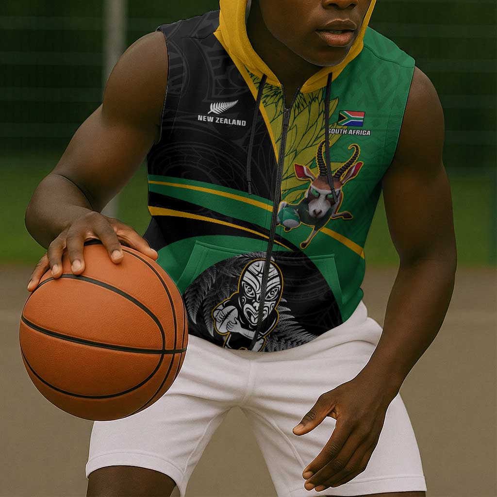 Custom New Zealand And South Africa Rugby Sleeveless Zip Hoodie 2023 Springboks Combine All Black Silver Fern - African Pride